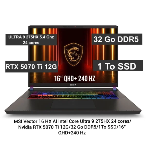 MSI Vector 16 HX AI Ultra 9 RTX 5070 Ti PC portable gaming 16 pouces QHD+ 240 Hz