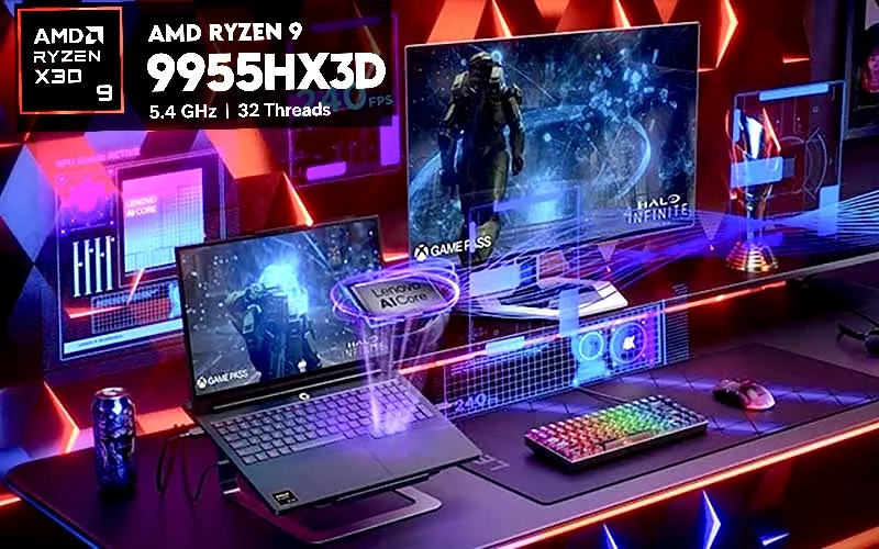 Lenovo Legion Pro 7 gaming laptop with AMD Ryzen 9 9955HX3D in an RGB gaming setup