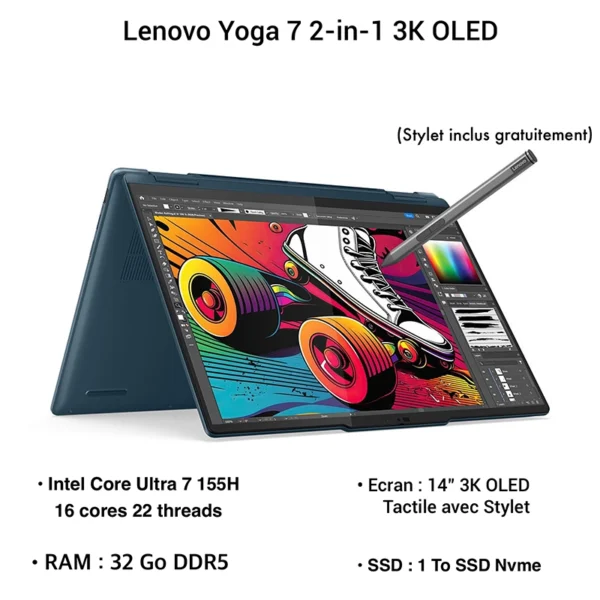 Lenovo Yoga 7 en mode tente avec écran tactile OLED