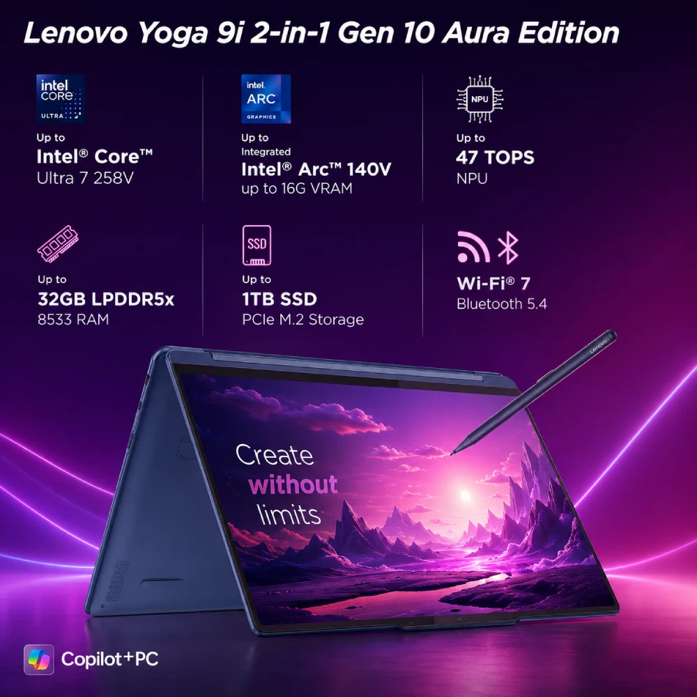 Caractéristiques Lenovo Yoga 9i Gen 10 Aura Edition Core Ultra 7 258V 32 Go Wi-Fi 7