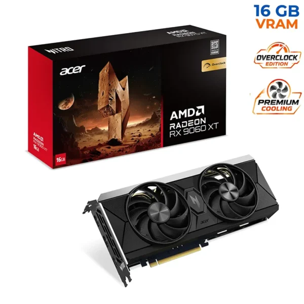 Visuel promotionnel Acer Nitro Radeon RX 9060 XT OC 16GB présentant la carte graphique en environnement gaming.